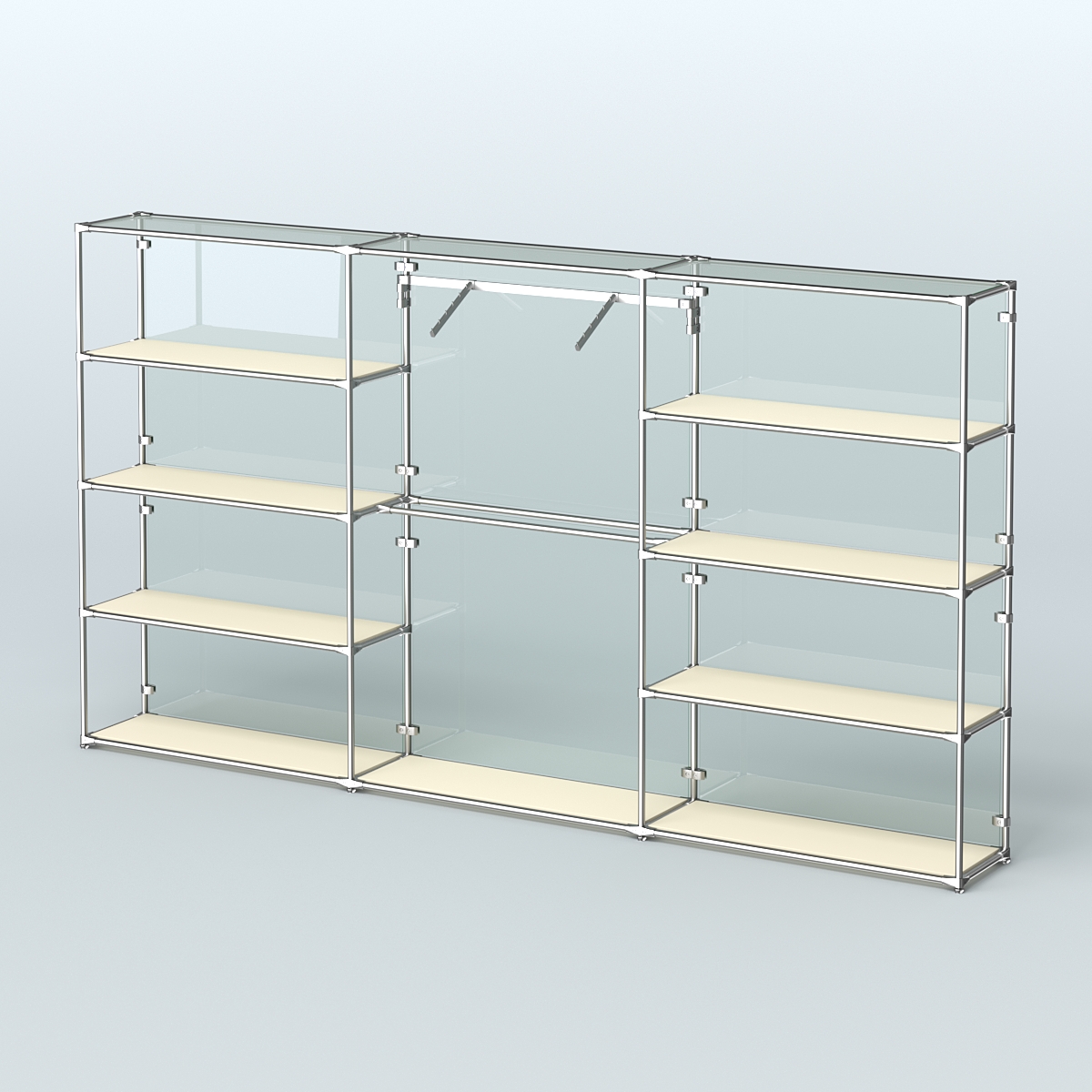 Торговая система ХРОМ (задняя стенка - стекло) 3600 мм с полками ДСП и поручнями №9 Крем Вайс