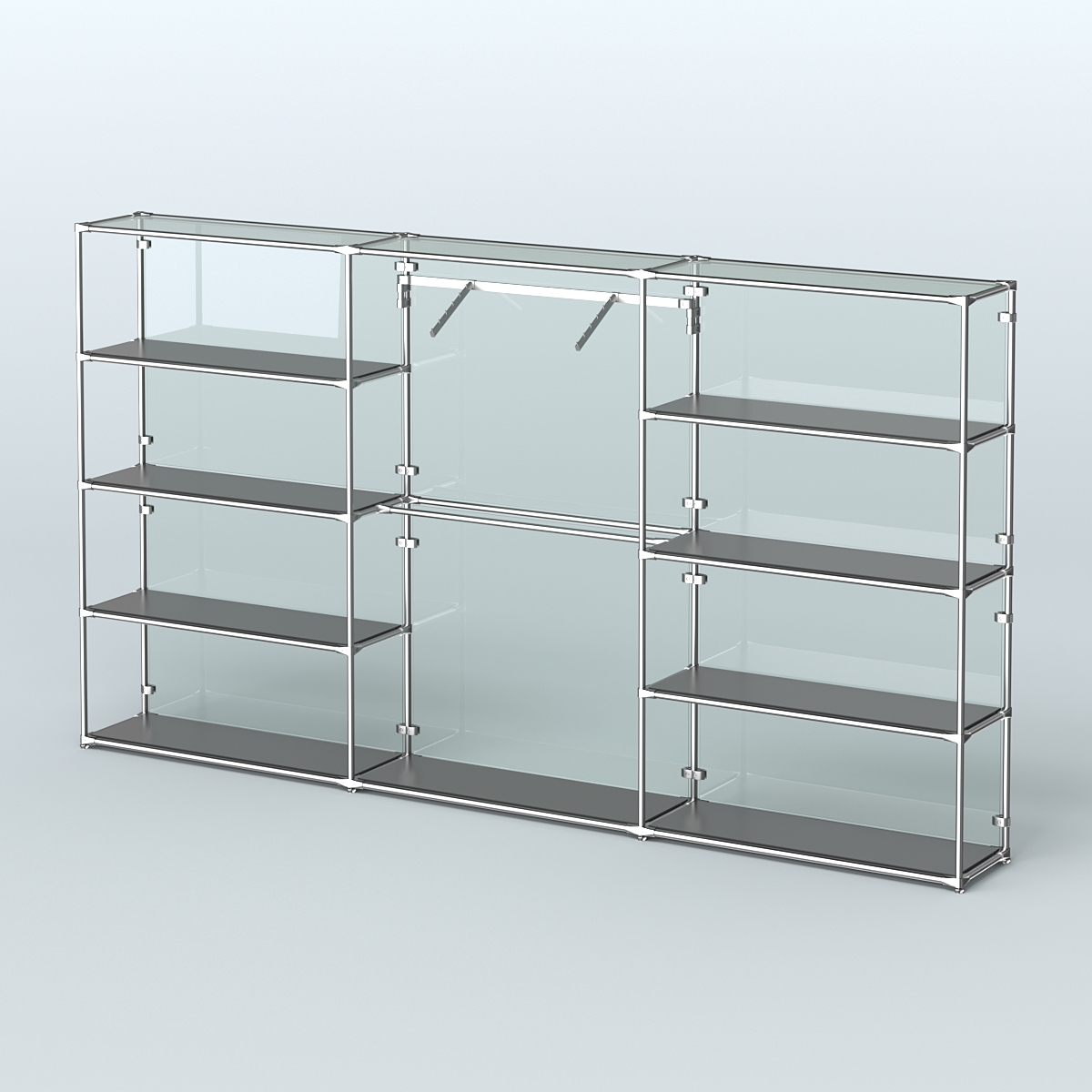 Торговая система ХРОМ (задняя стенка - стекло) 3600 мм с полками ДСП и поручнями №9 Черный