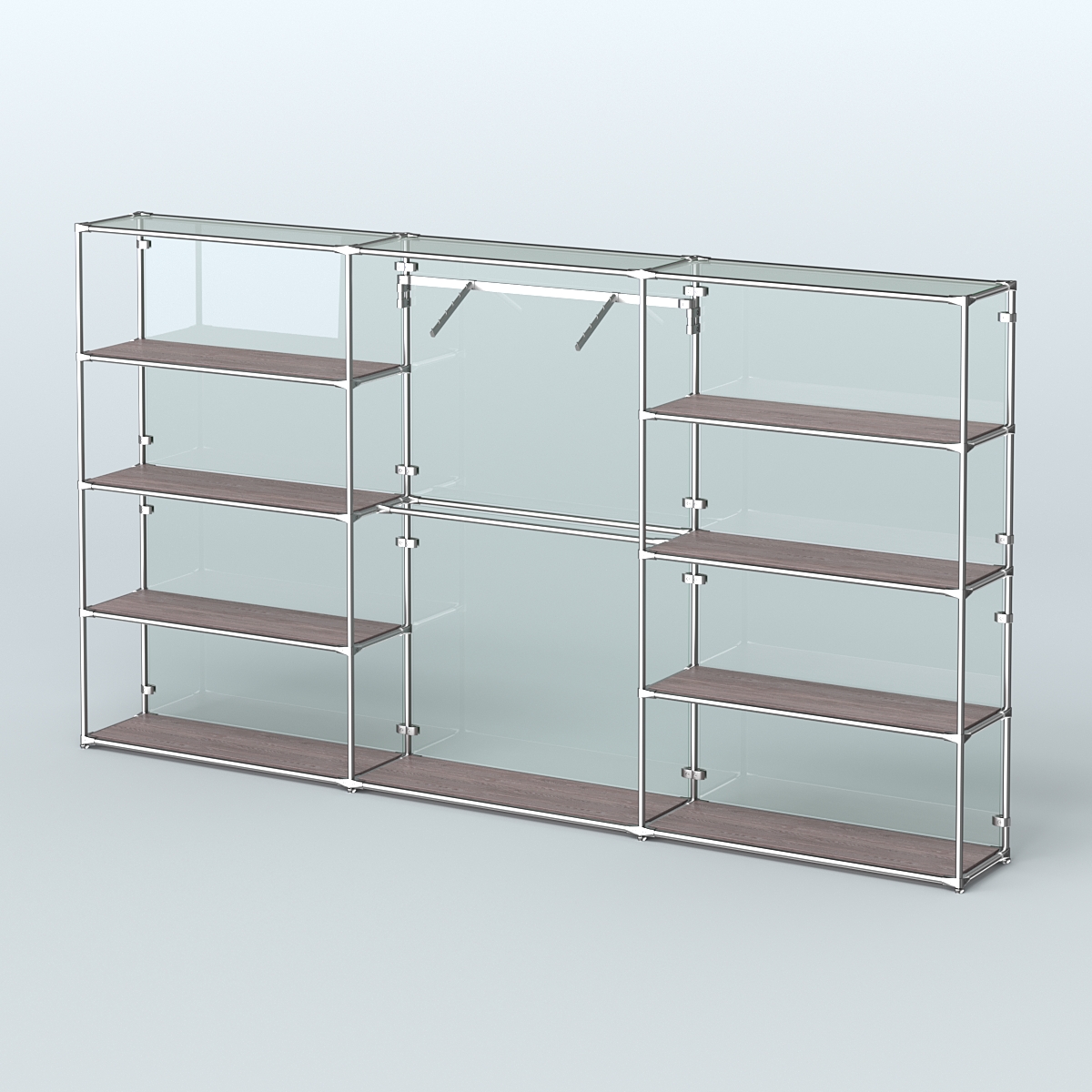 Торговая система ХРОМ (задняя стенка - стекло) 3600 мм с полками ДСП и поручнями №9 Ясень Анкор темный