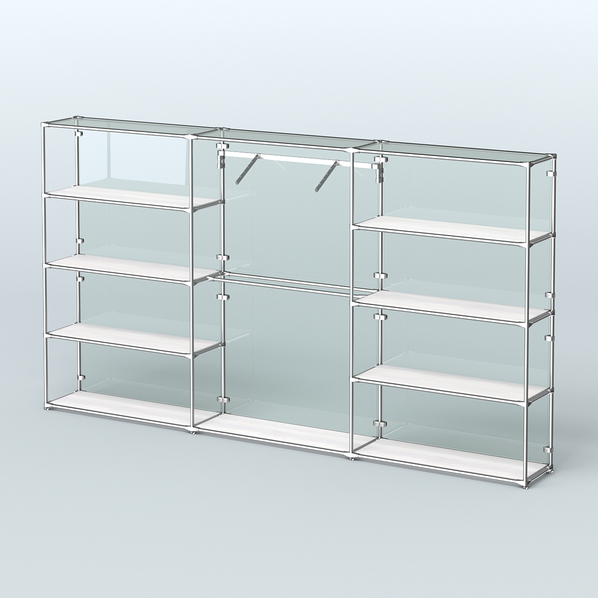 Торговая система ХРОМ (задняя стенка - стекло) 3600 мм с полками ДСП и поручнями №9 Ясень Анкор светлый