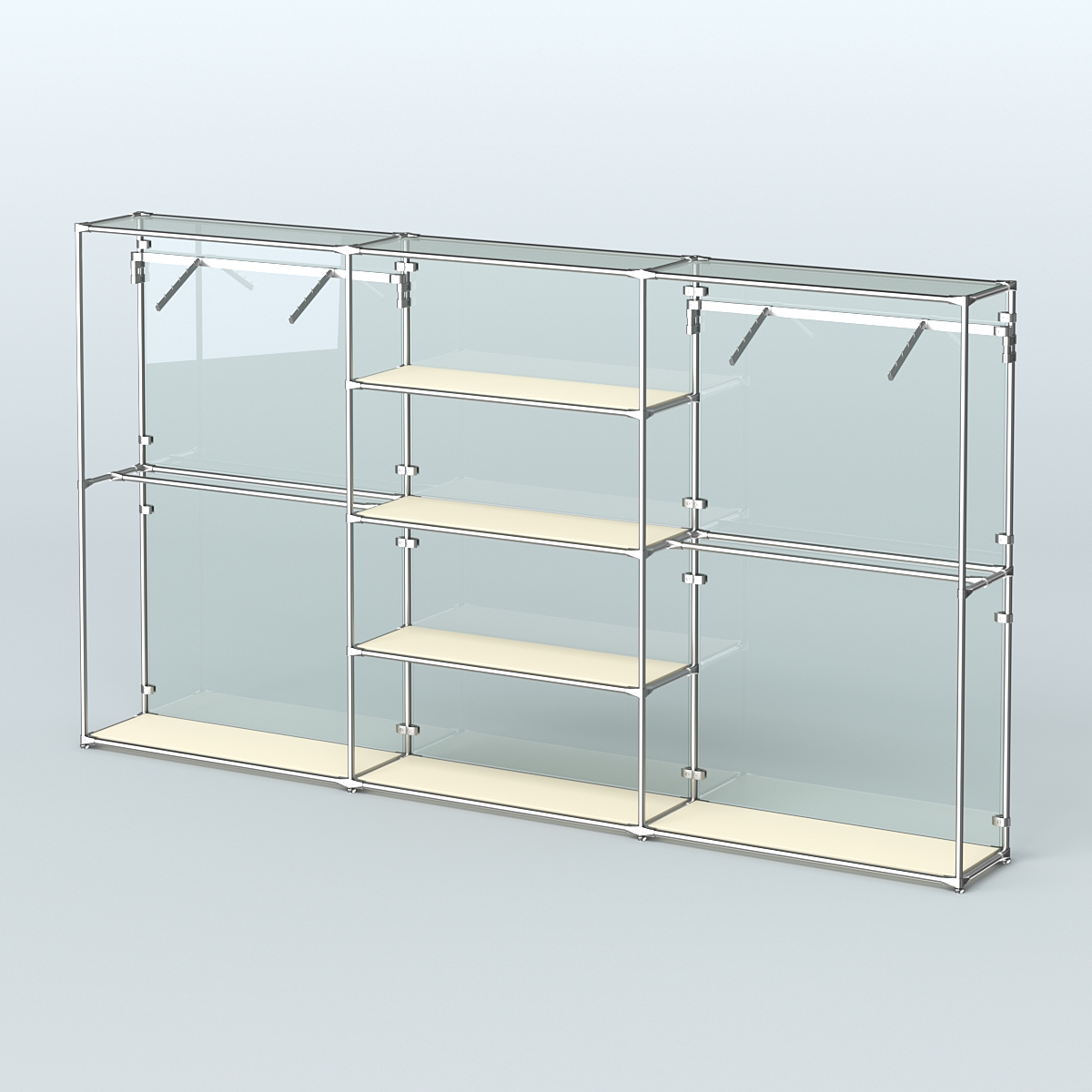 Торговая система ХРОМ (задняя стенка - стекло) 3600 мм с полками ДСП и поручнями №10 Крем Вайс