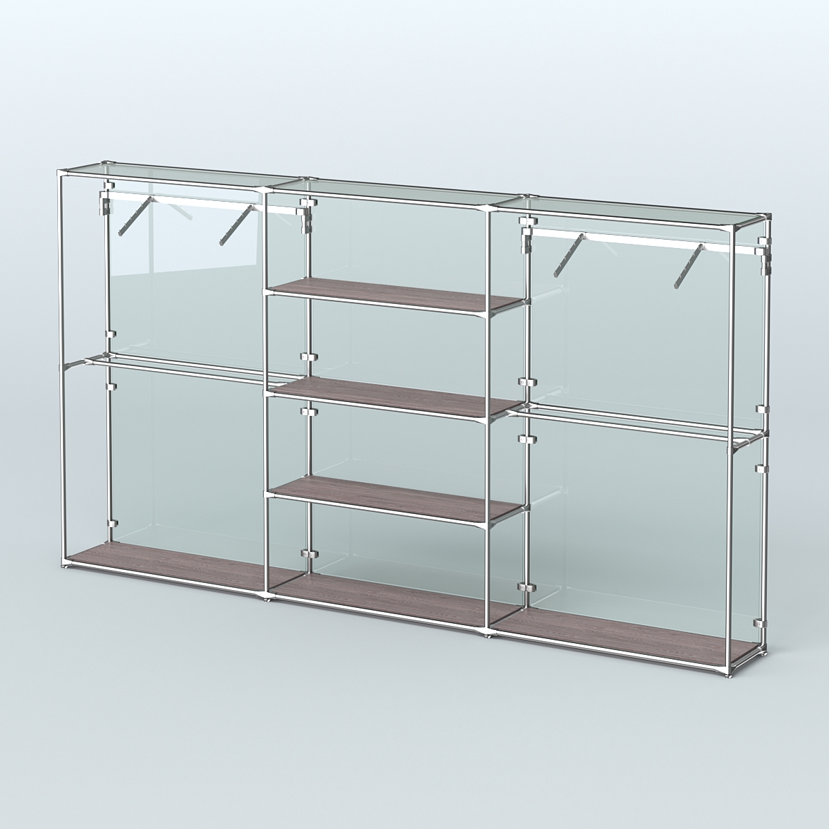 Торговая система ХРОМ (задняя стенка - стекло) 3600 мм с полками ДСП и поручнями №10 Ясень Анкор темный