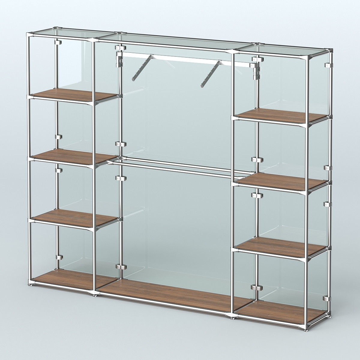 Торговая система ХРОМ (задняя стенка - стекло) 2430 мм с полками ДСП и поручнями №11 Орех