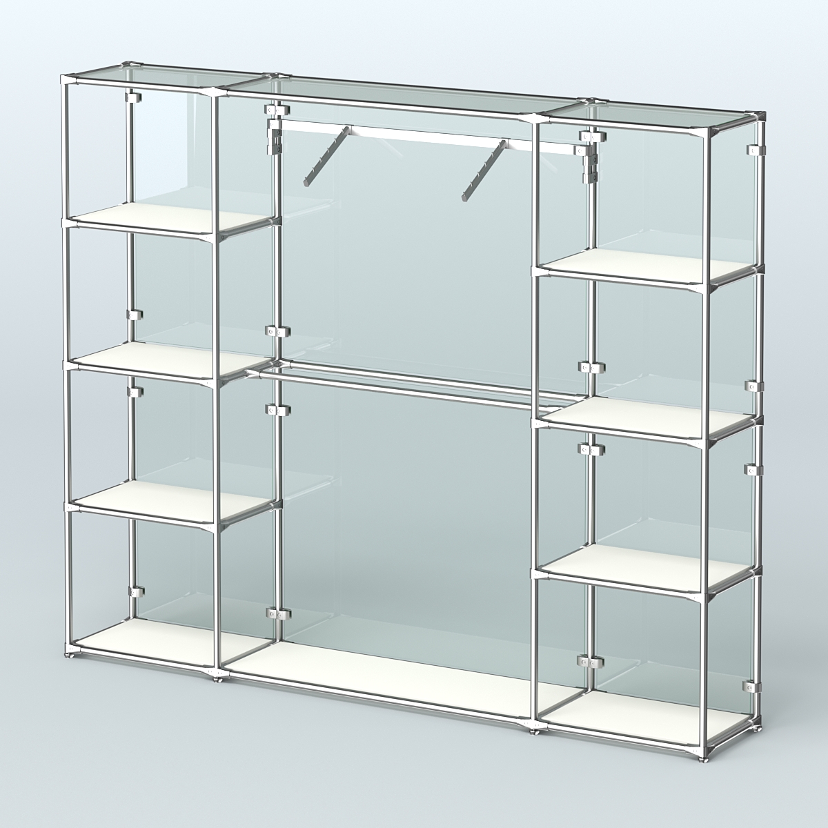 Торговая система ХРОМ (задняя стенка - стекло) 2430 мм с полками ДСП и поручнями №11 Белый