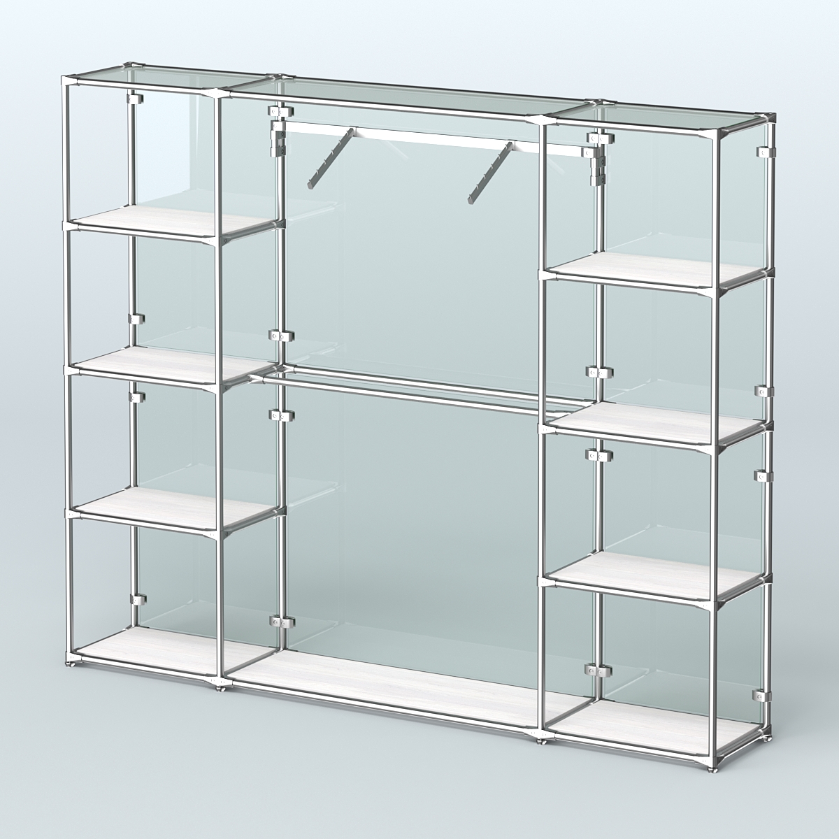 Торговая система ХРОМ (задняя стенка - стекло) 2430 мм с полками ДСП и поручнями №11 Ясень Анкор светлый