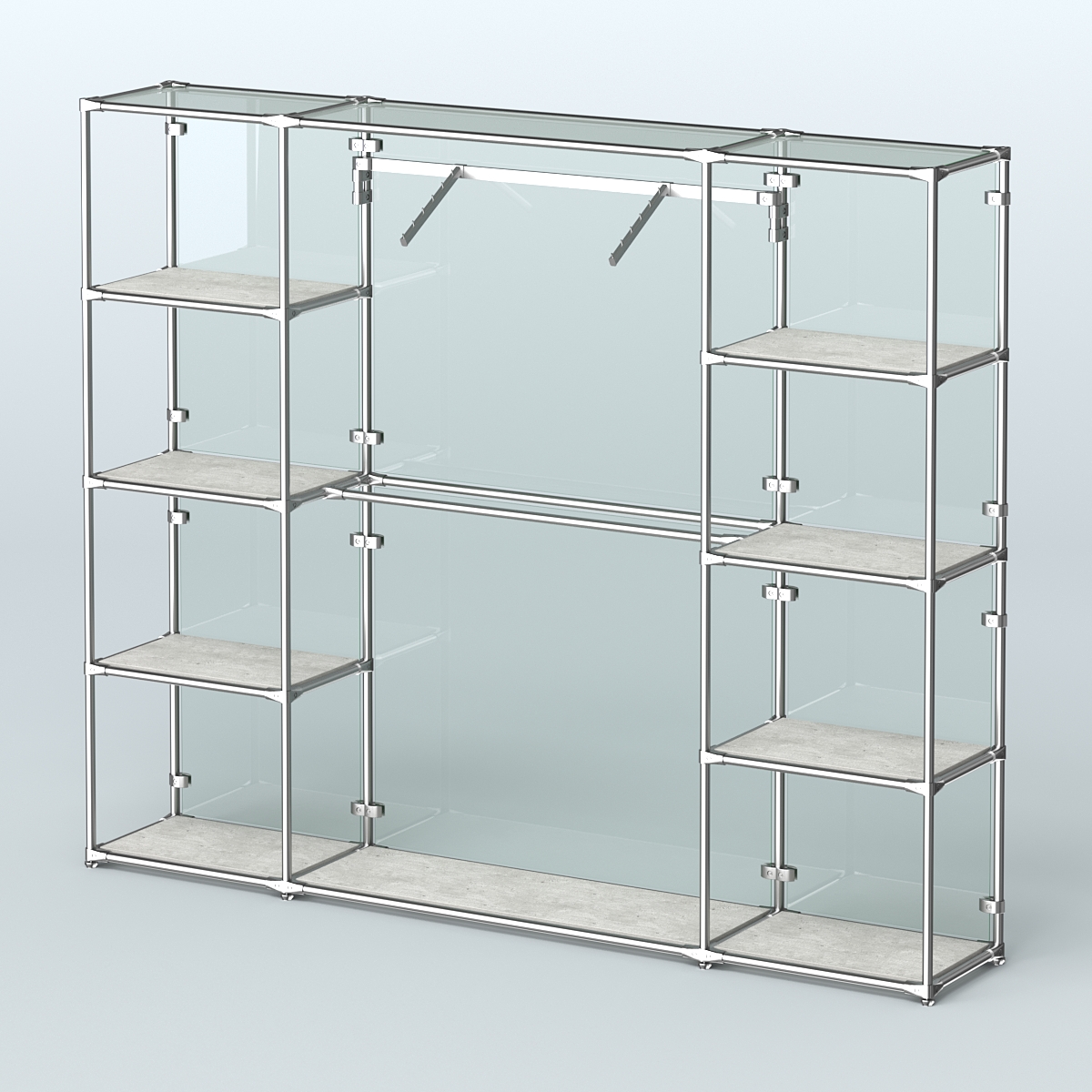 Торговая система ХРОМ (задняя стенка - стекло) 2430 мм с полками ДСП и поручнями №11 Метрополитан Грей