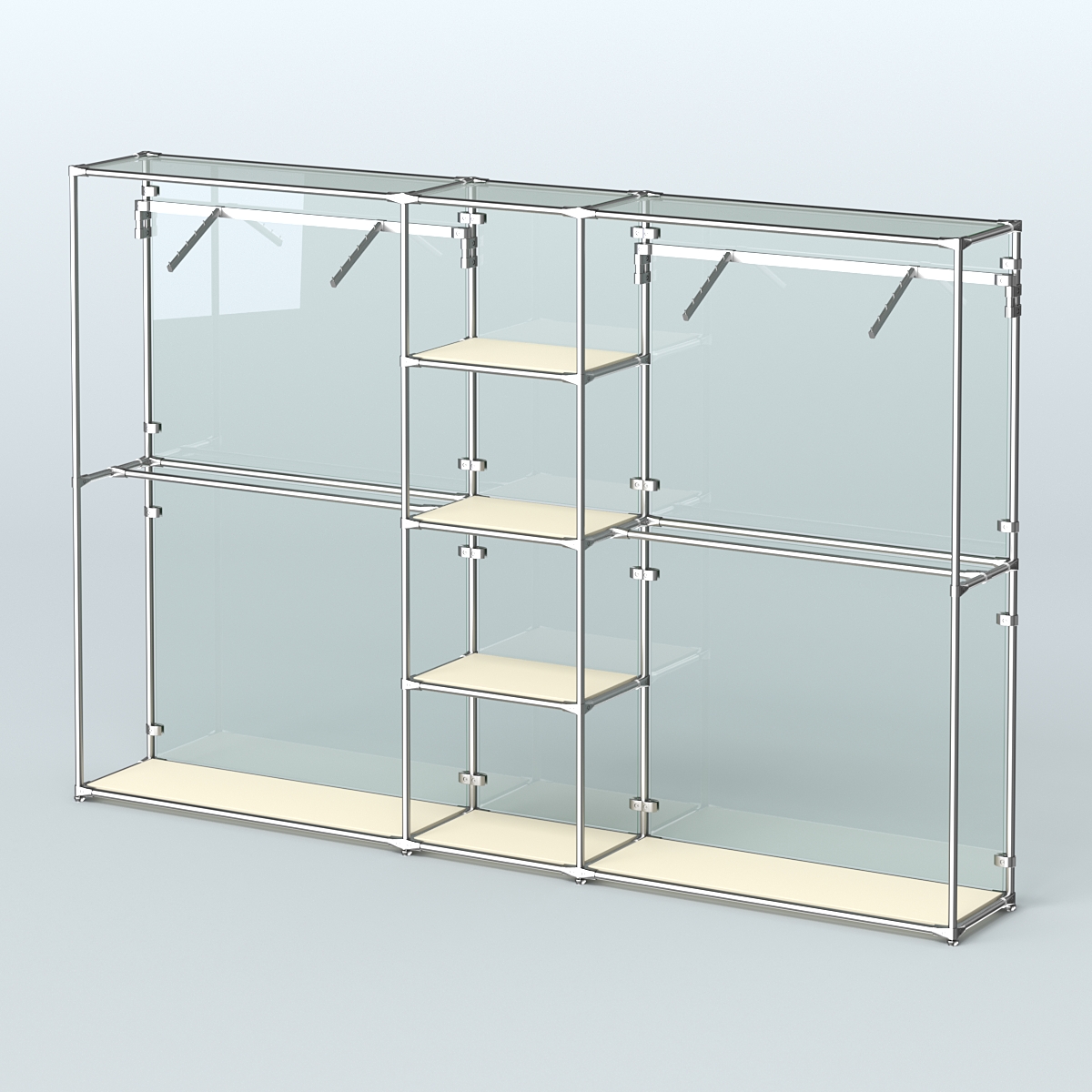 Торговая система ХРОМ (задняя стенка - стекло) 3030 мм с полками ДСП и поручнями №12 Крем Вайс