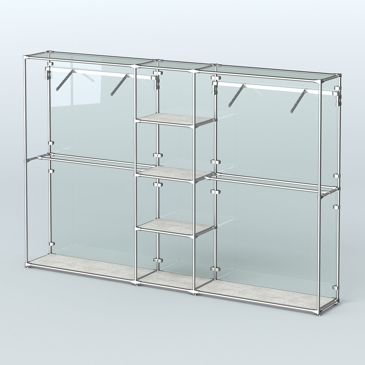 Торговая система ХРОМ (задняя стенка - стекло) 3030 мм с полками ДСП и поручнями №12 Метрополитан Грей