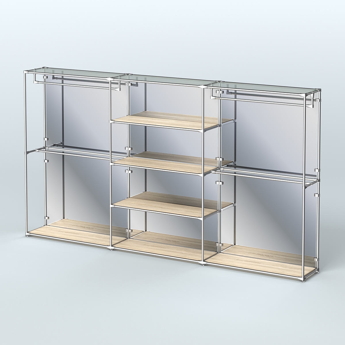 Торговая система ХРОМ (задняя стенка - зеркало) 3600 мм с полками ДСП и поручнями №2 Дуб Сонома