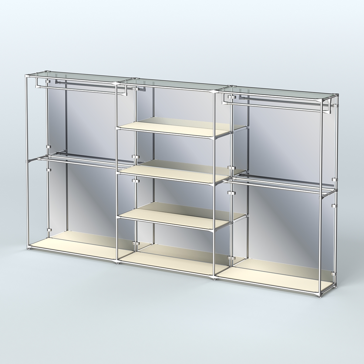 Торговая система ХРОМ (задняя стенка - зеркало) 3600 мм с полками ДСП и поручнями №2 Крем Вайс