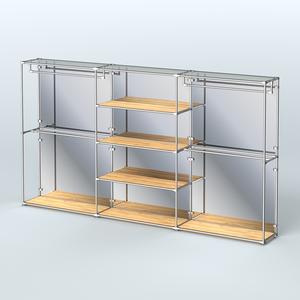 Торговая система ХРОМ (задняя стенка - зеркало) 3600 мм с полками ДСП и поручнями №2 Дуб Золотистый