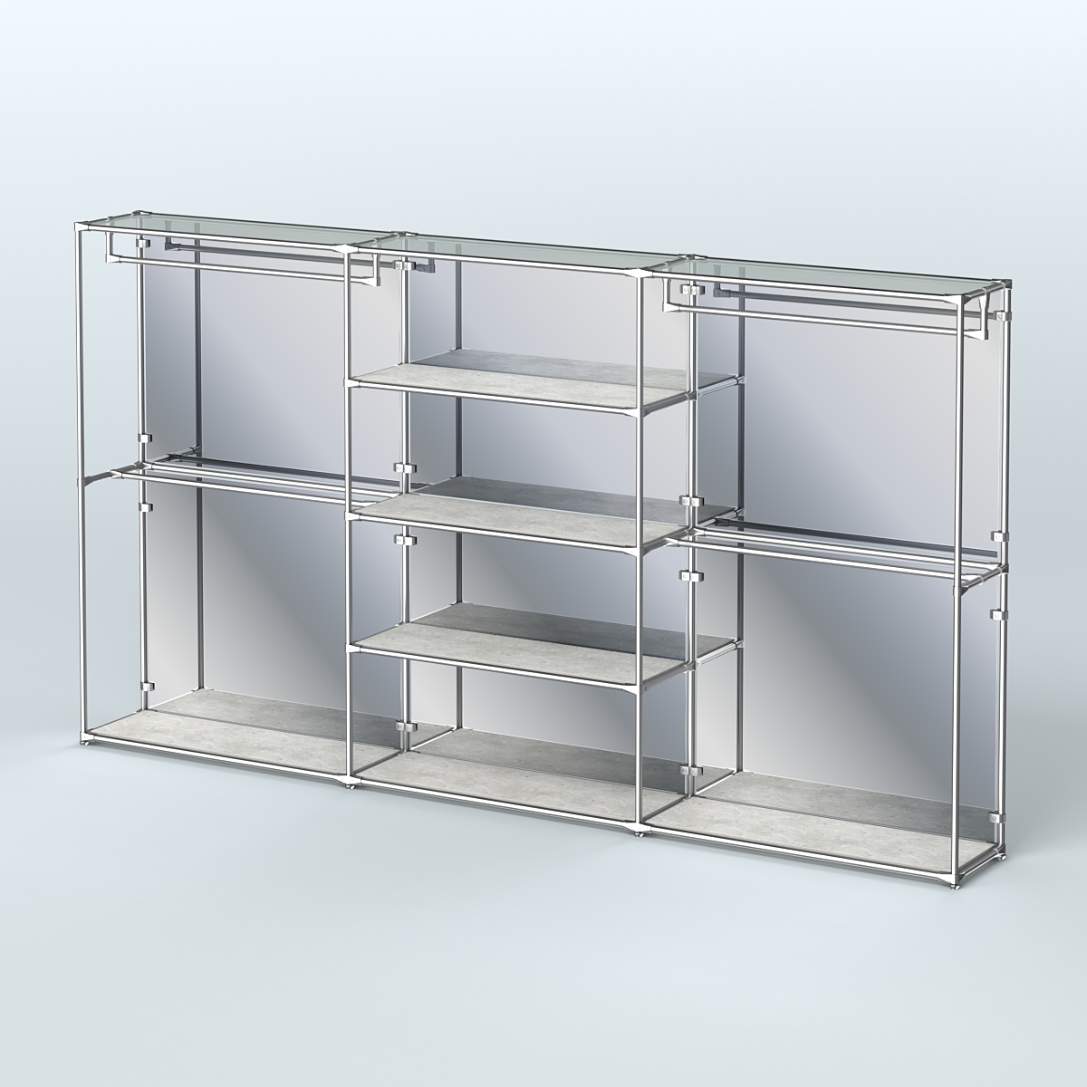 Торговая система ХРОМ (задняя стенка - зеркало) 3600 мм с полками ДСП и поручнями №2 Метрополитан Грей