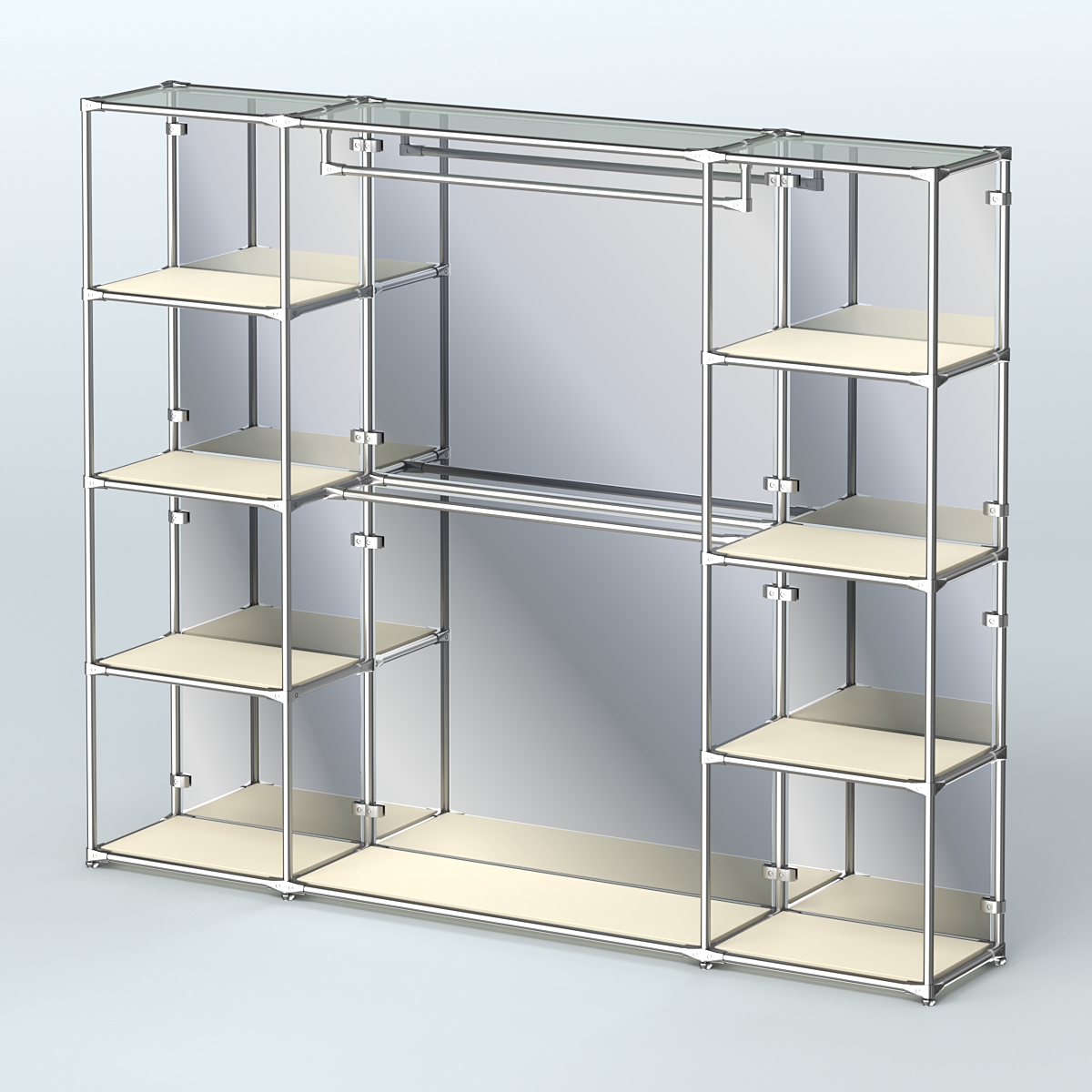 Торговая система ХРОМ (задняя стенка - зеркало) 2430 мм с полками ДСП и поручнями №3 Крем Вайс