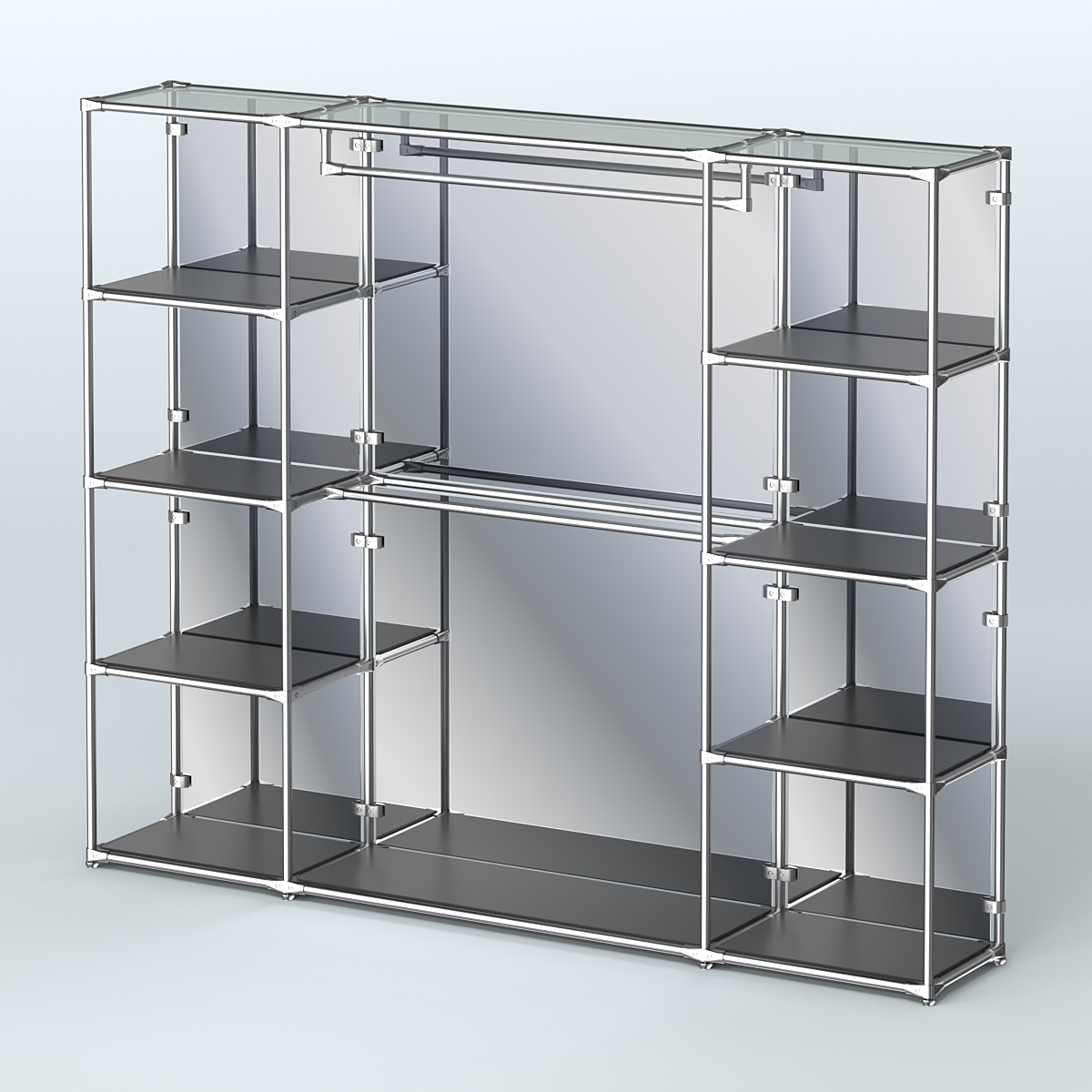 Торговая система ХРОМ (задняя стенка - зеркало) 2430 мм с полками ДСП и поручнями №3 Черный