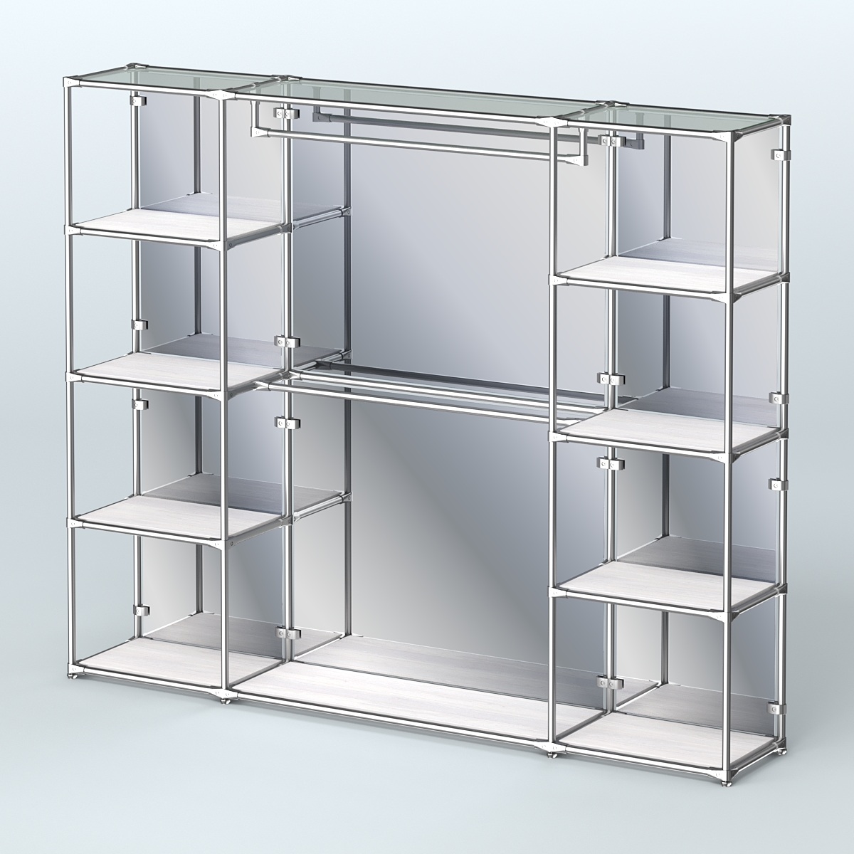 Торговая система ХРОМ (задняя стенка - зеркало) 2430 мм с полками ДСП и поручнями №3 Ясень Анкор светлый