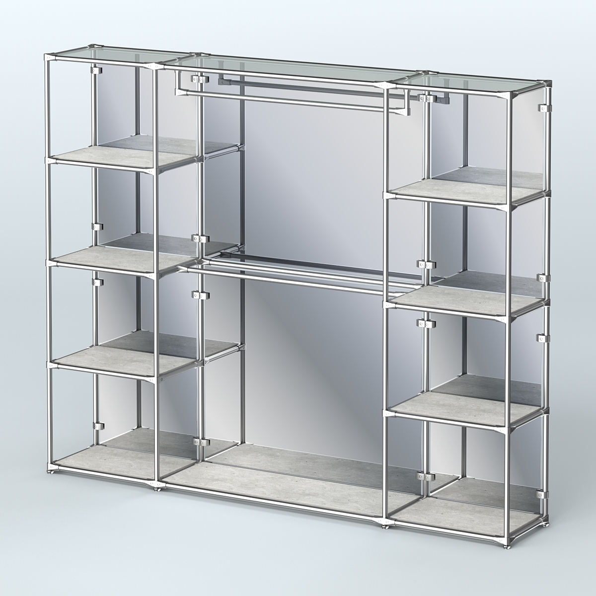 Торговая система ХРОМ (задняя стенка - зеркало) 2430 мм с полками ДСП и поручнями №3 Метрополитан Грей