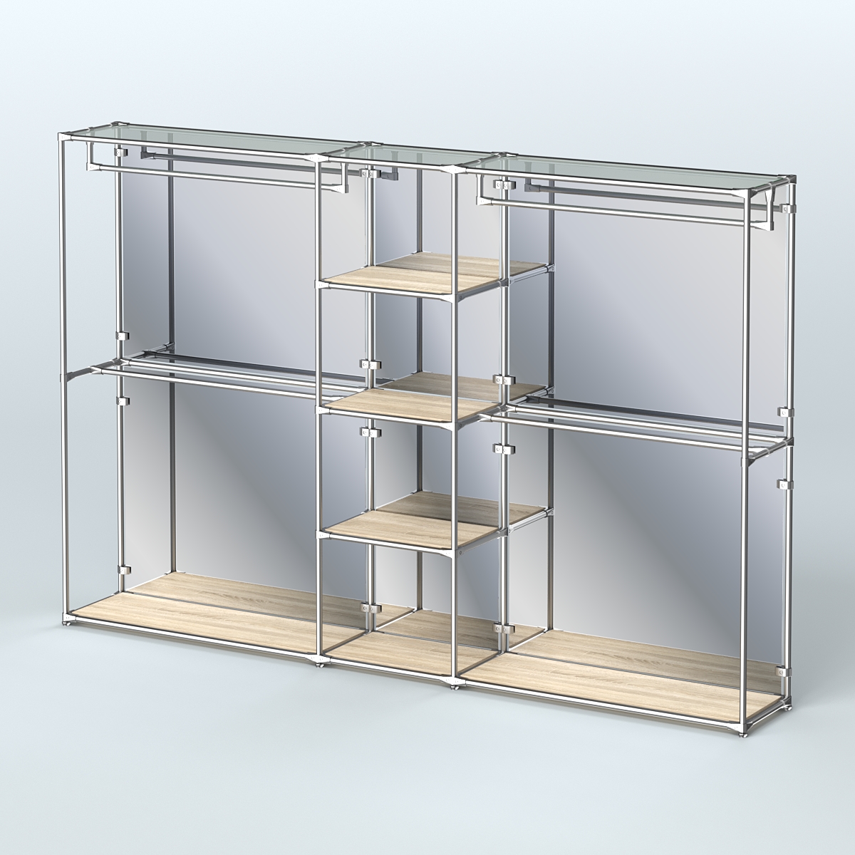 Торговая система ХРОМ (задняя стенка - зеркало) 3030 мм с полками ДСП и поручнями №4 Дуб Сонома