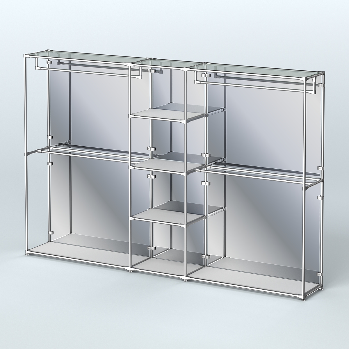 Торговая система ХРОМ (задняя стенка - зеркало) 3030 мм с полками ДСП и поручнями №4 Серый
