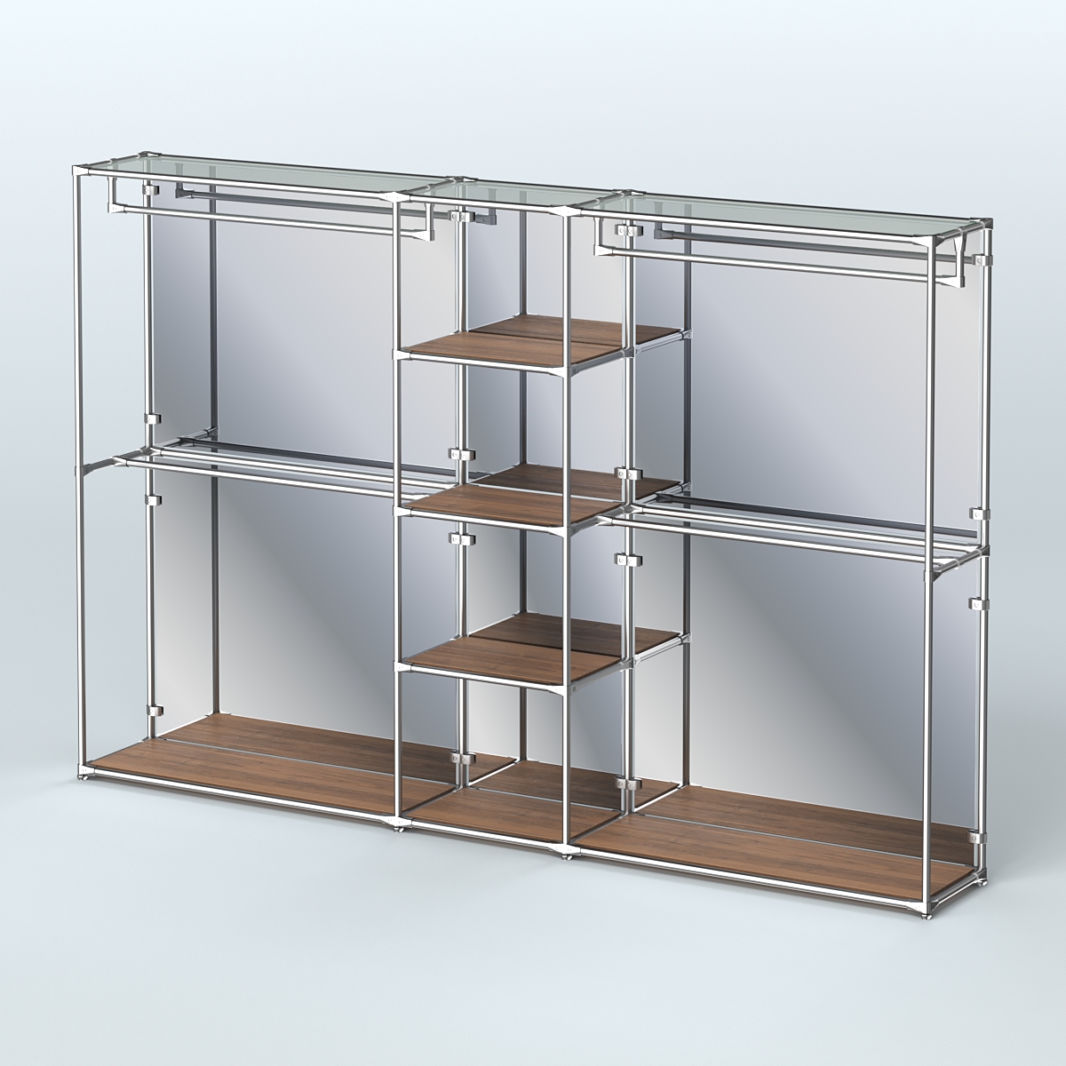 Торговая система ХРОМ (задняя стенка - зеркало) 3030 мм с полками ДСП и поручнями №4 Орех