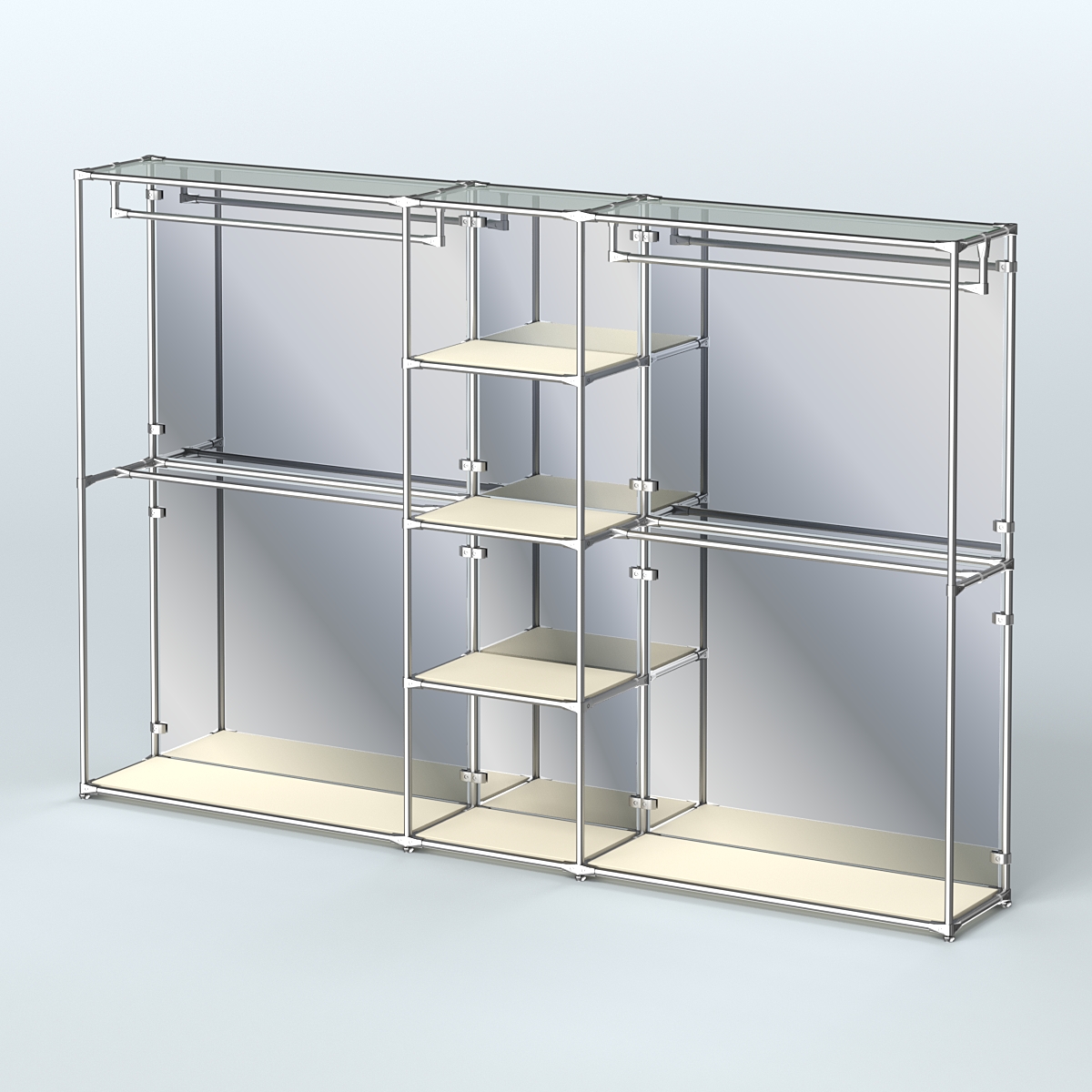 Торговая система ХРОМ (задняя стенка - зеркало) 3030 мм с полками ДСП и поручнями №4 Крем Вайс