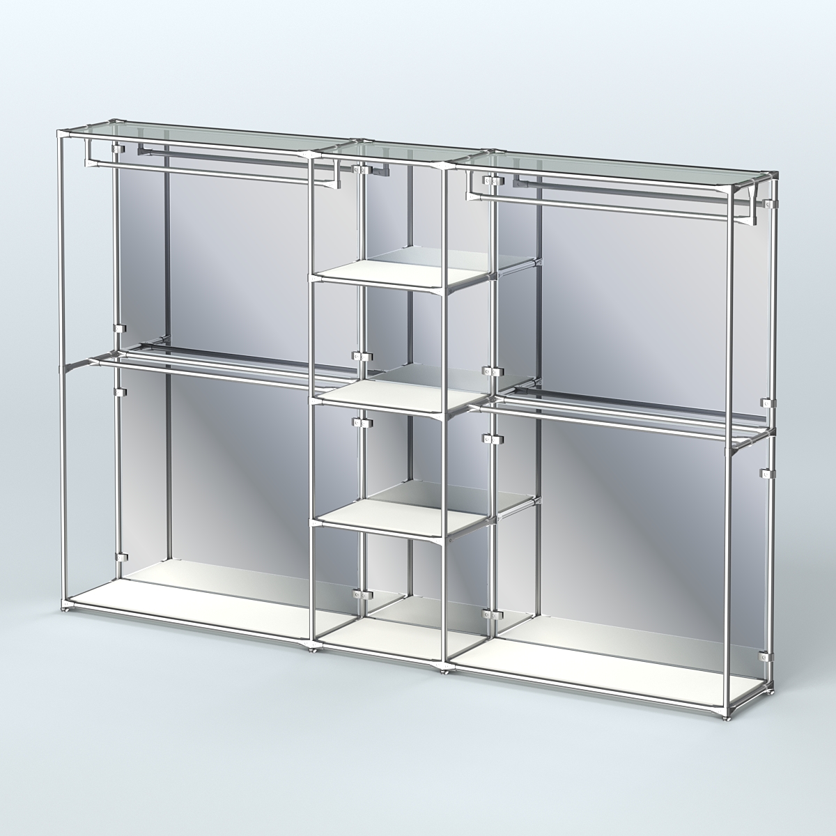 Торговая система ХРОМ (задняя стенка - зеркало) 3030 мм с полками ДСП и поручнями №4 Белый