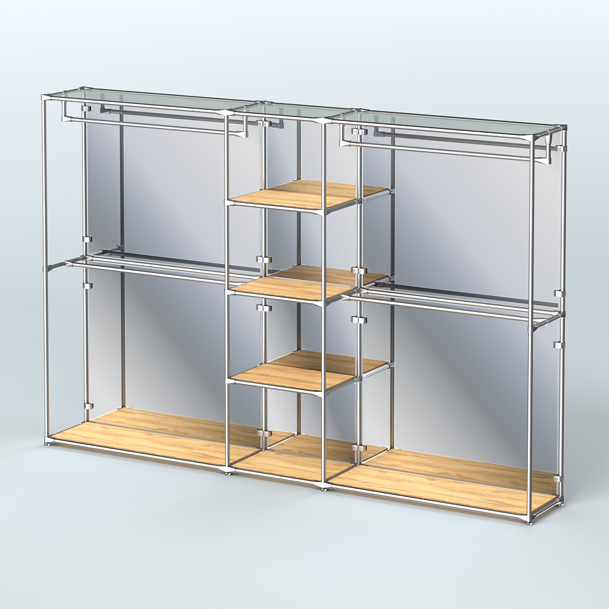 Торговая система ХРОМ (задняя стенка - зеркало) 3030 мм с полками ДСП и поручнями №4 Дуб Золотистый