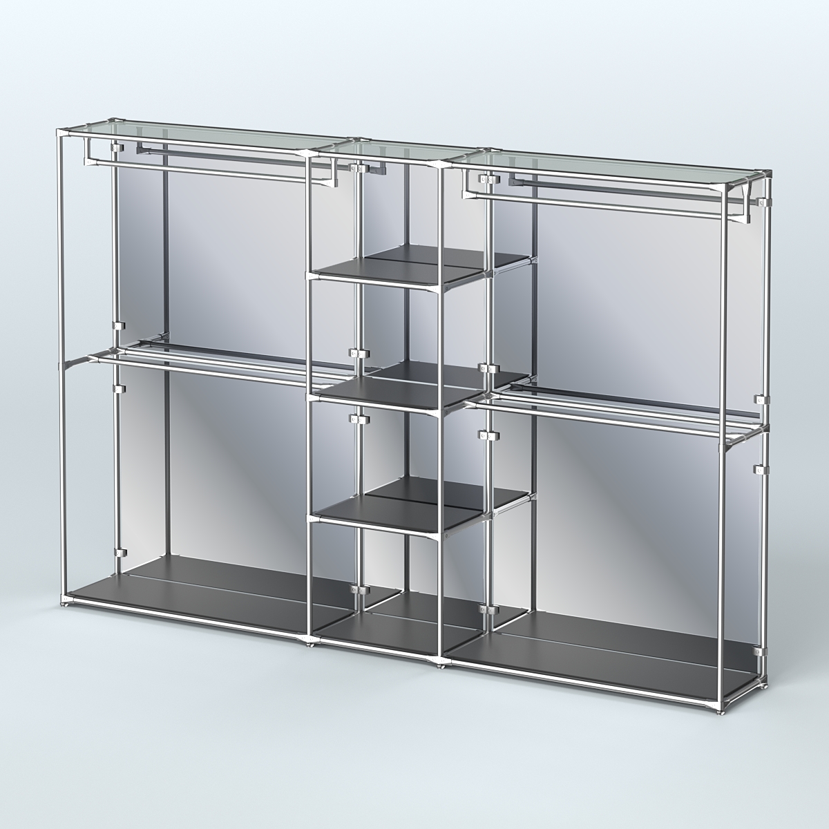 Торговая система ХРОМ (задняя стенка - зеркало) 3030 мм с полками ДСП и поручнями №4 Черный