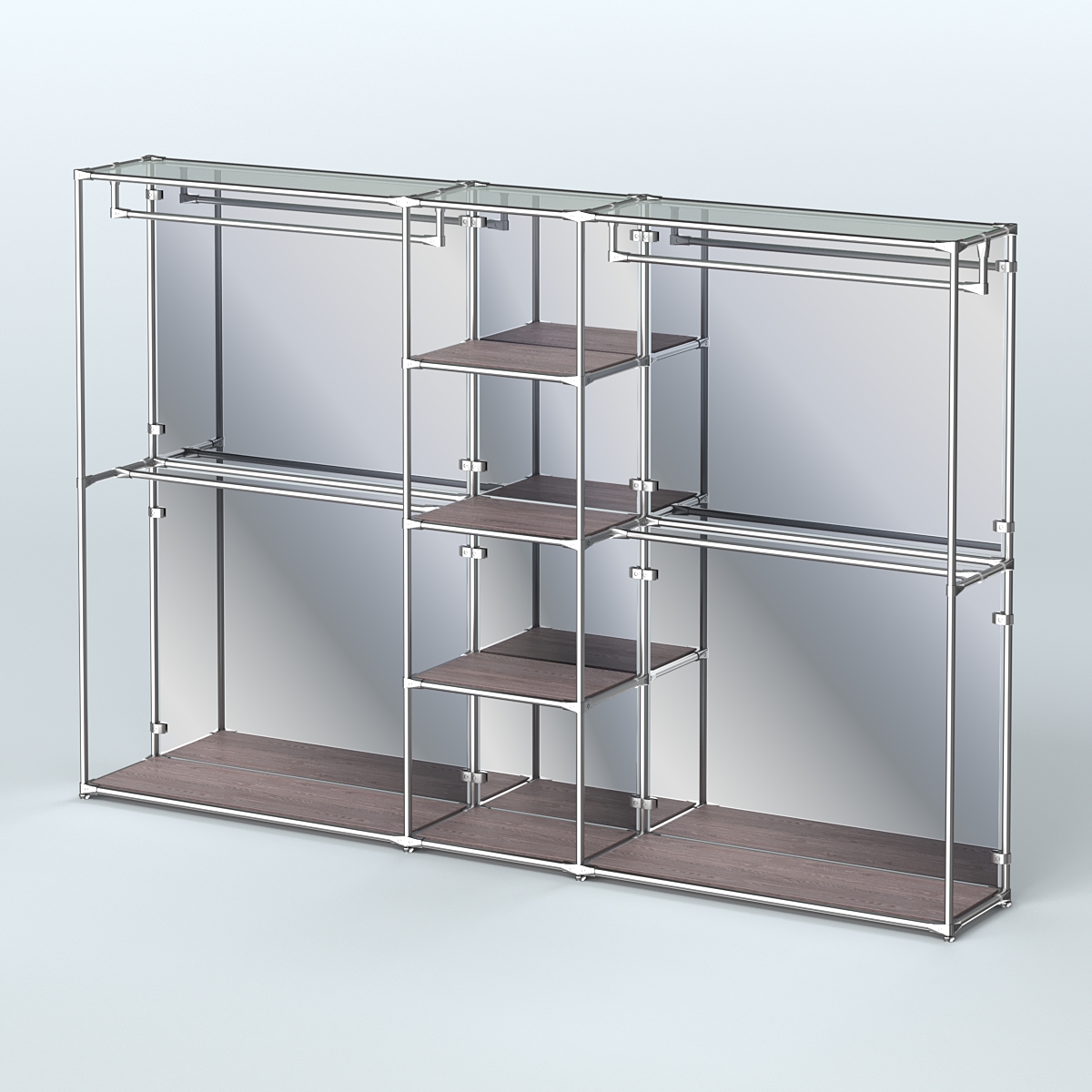 Торговая система ХРОМ (задняя стенка - зеркало) 3030 мм с полками ДСП и поручнями №4 Ясень Анкор темный