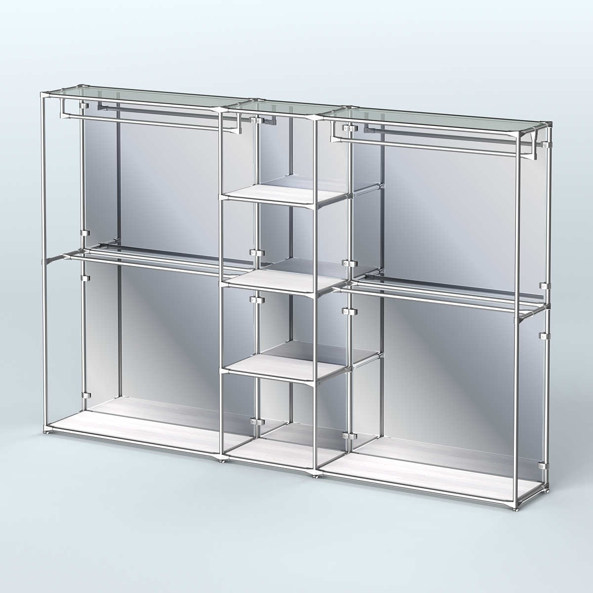 Торговая система ХРОМ (задняя стенка - зеркало) 3030 мм с полками ДСП и поручнями №4 Ясень Анкор светлый