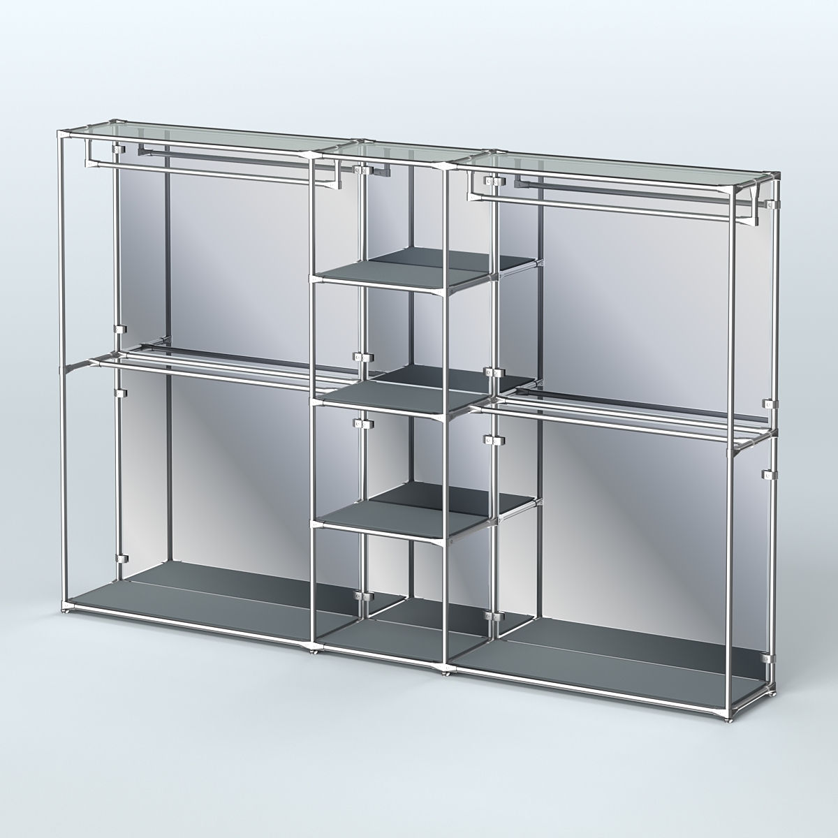 Торговая система ХРОМ (задняя стенка - зеркало) 3030 мм с полками ДСП и поручнями №4 Темно-Серый