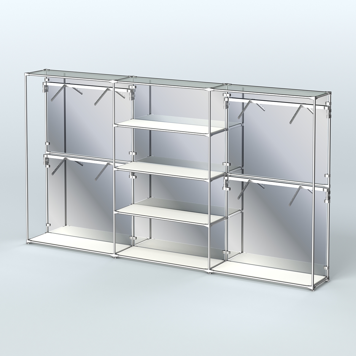 Торговая система ХРОМ (задняя стенка - зеркало) 3600 мм с полками ДСП и поручнями №5 Белый