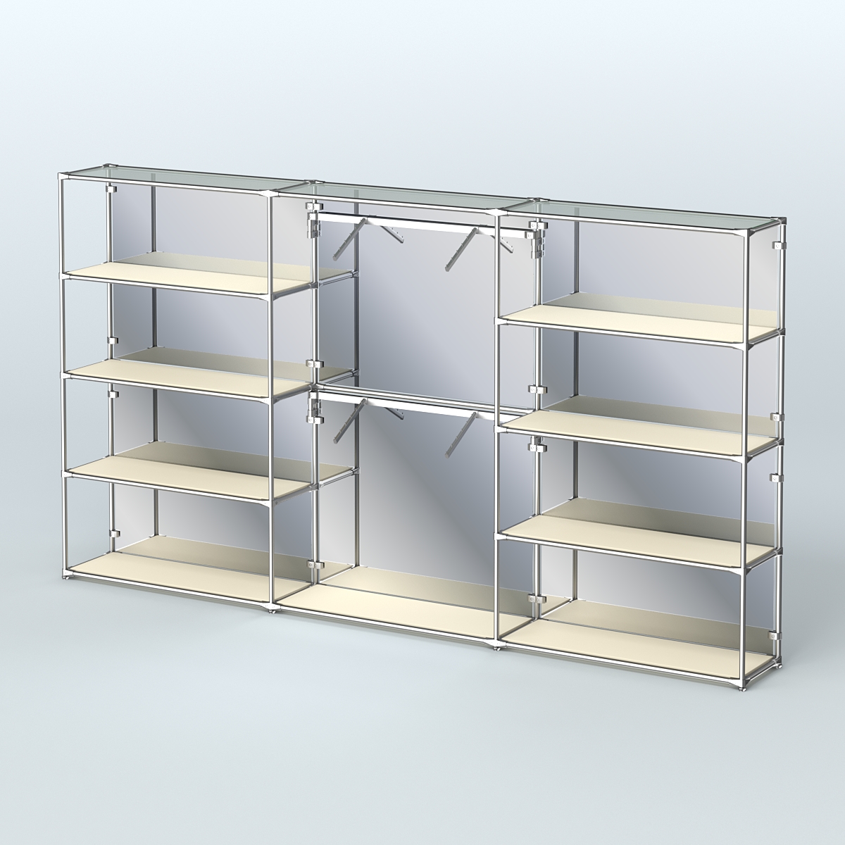 Торговая система ХРОМ (задняя стенка - зеркало) 3600 мм с полками ДСП и поручнями №6 Крем Вайс