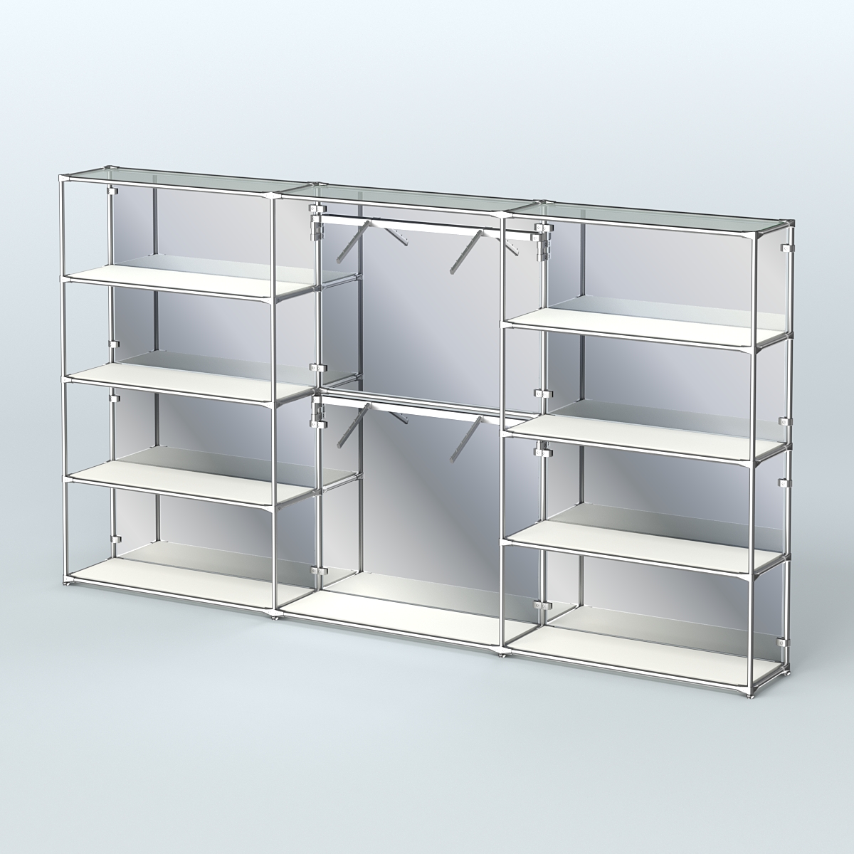 Торговая система ХРОМ (задняя стенка - зеркало) 3600 мм с полками ДСП и поручнями №6 Белый