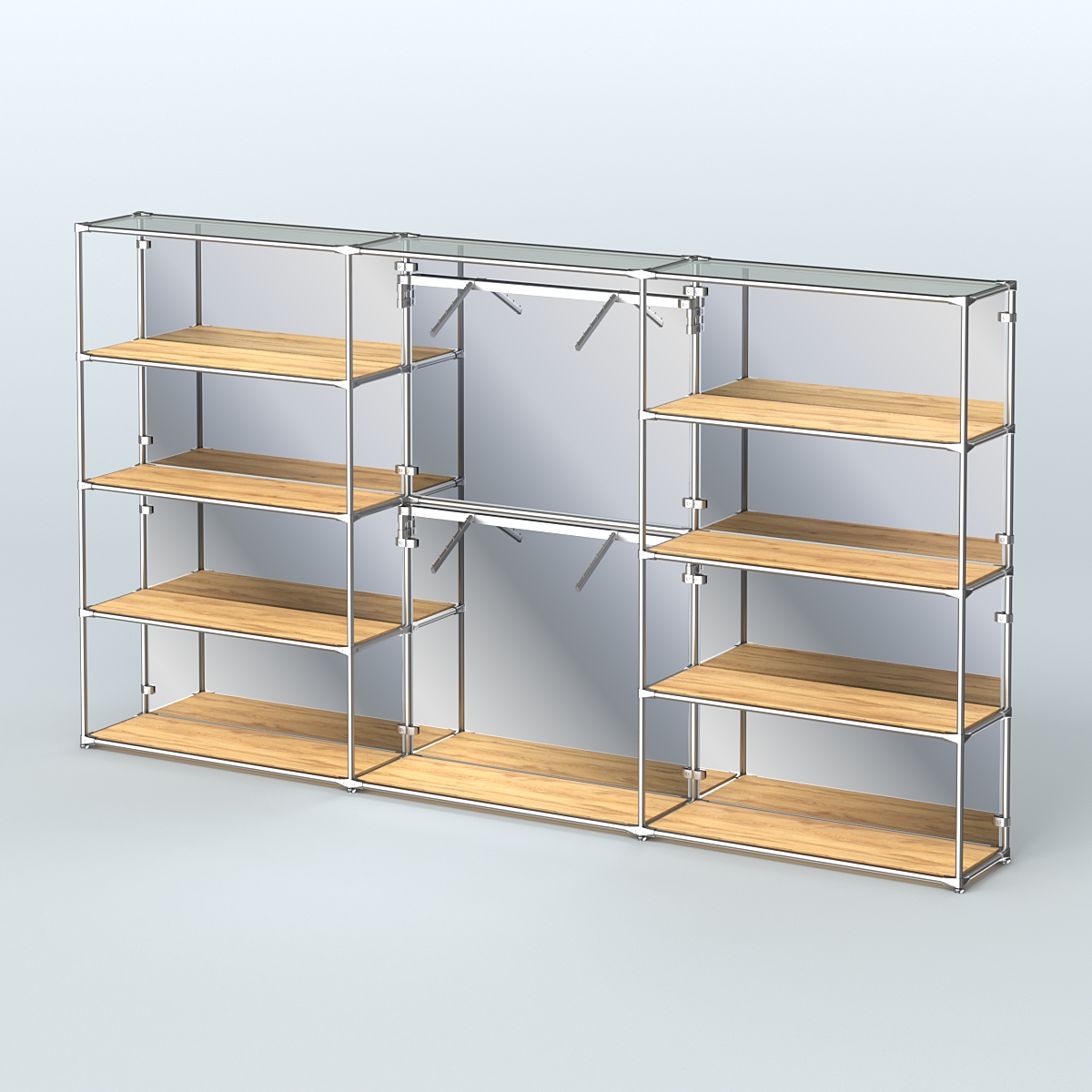 Торговая система ХРОМ (задняя стенка - зеркало) 3600 мм с полками ДСП и поручнями №6 Дуб Золотистый