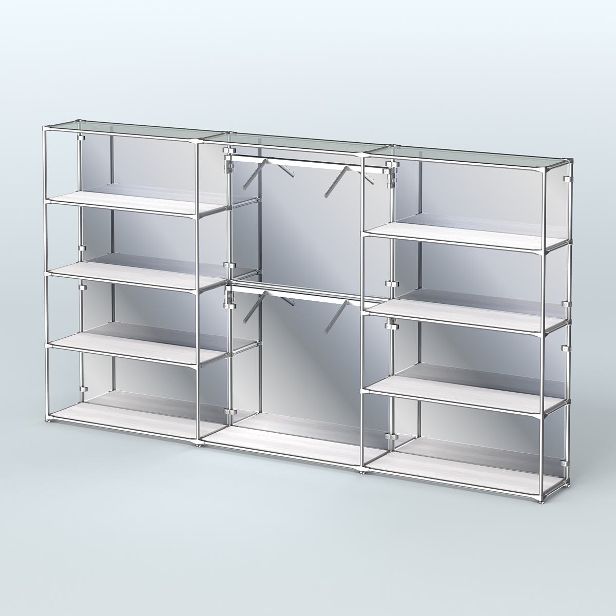 Торговая система ХРОМ (задняя стенка - зеркало) 3600 мм с полками ДСП и поручнями №6 Ясень Анкор светлый