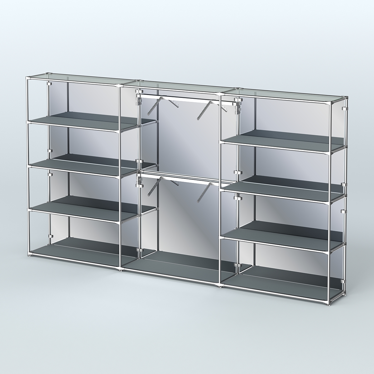 Торговая система ХРОМ (задняя стенка - зеркало) 3600 мм с полками ДСП и поручнями №6 Темно-Серый