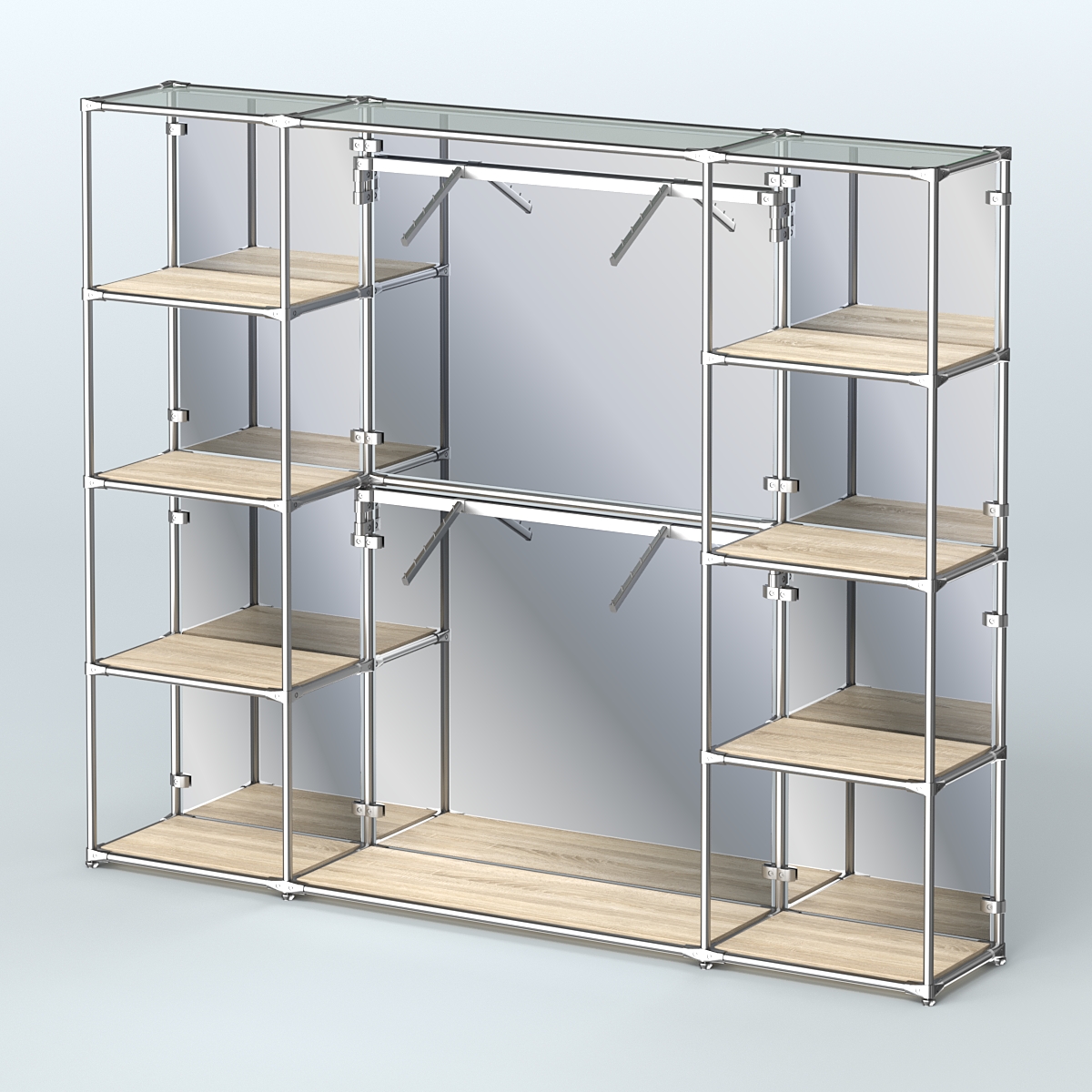 Торговая система ХРОМ (задняя стенка - зеркало) 2430 мм с полками ДСП и поручнями №7 Дуб Сонома