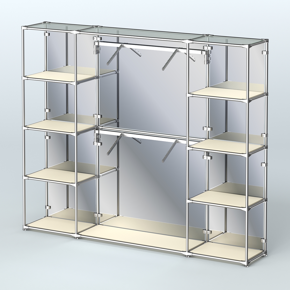 Торговая система ХРОМ (задняя стенка - зеркало) 2430 мм с полками ДСП и поручнями №7 Крем Вайс