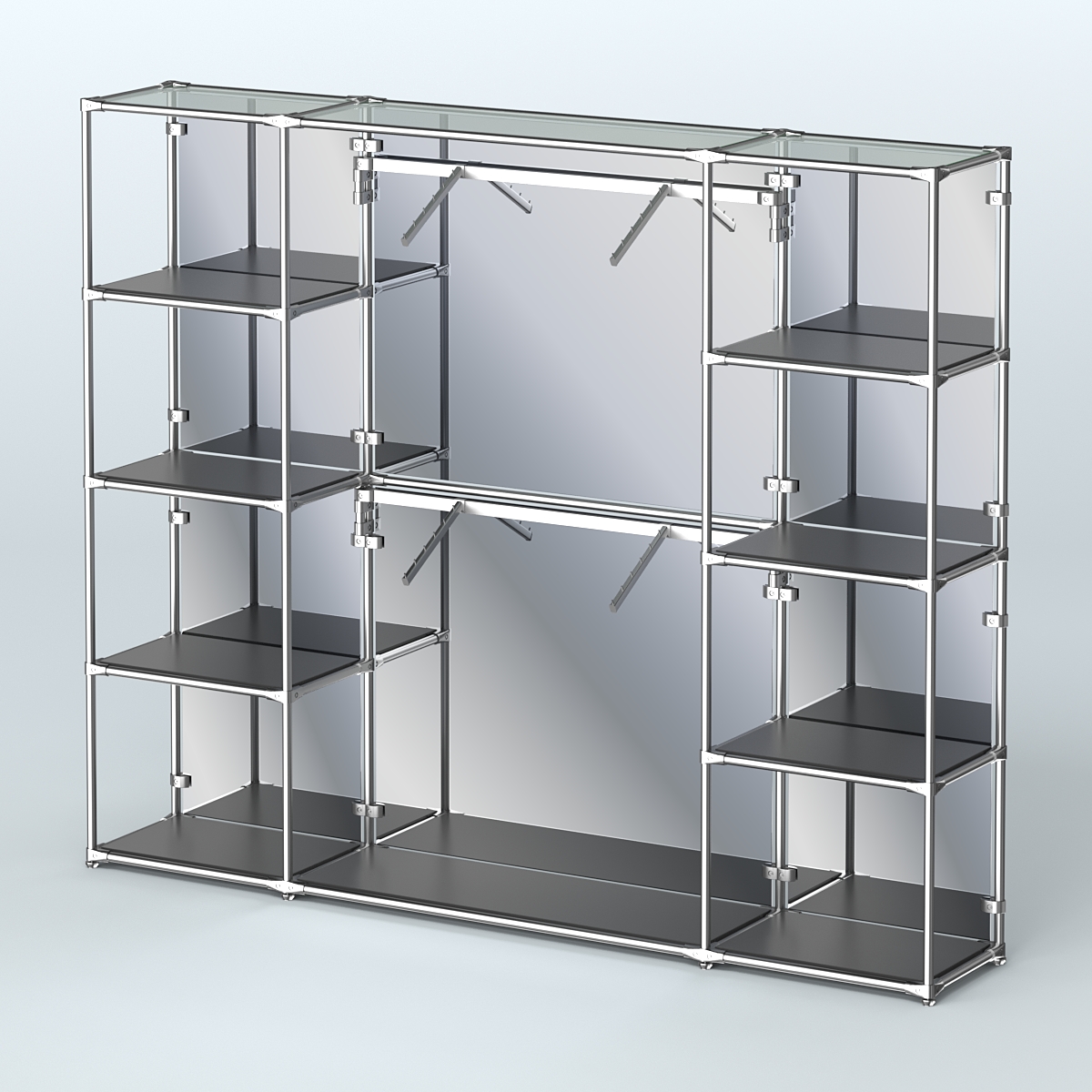 Торговая система ХРОМ (задняя стенка - зеркало) 2430 мм с полками ДСП и поручнями №7 Черный