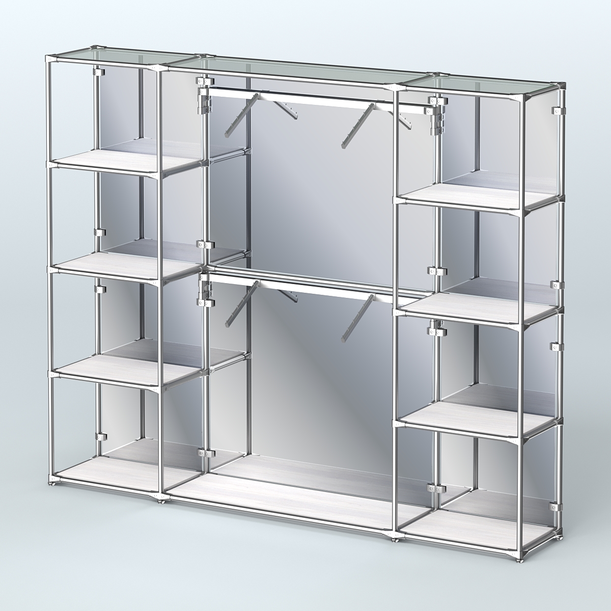 Торговая система ХРОМ (задняя стенка - зеркало) 2430 мм с полками ДСП и поручнями №7 Ясень Анкор светлый