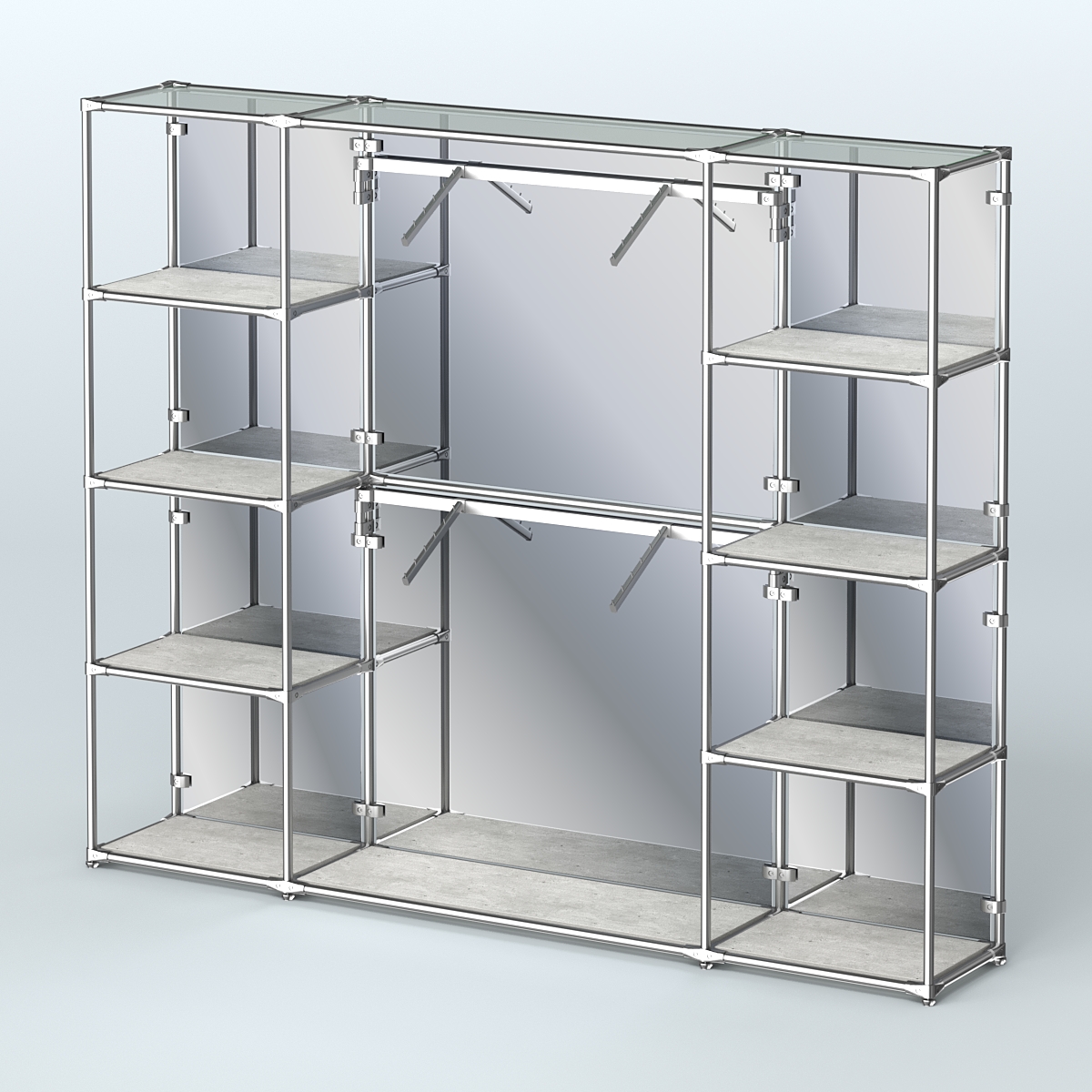 Торговая система ХРОМ (задняя стенка - зеркало) 2430 мм с полками ДСП и поручнями №7 Метрополитан Грей