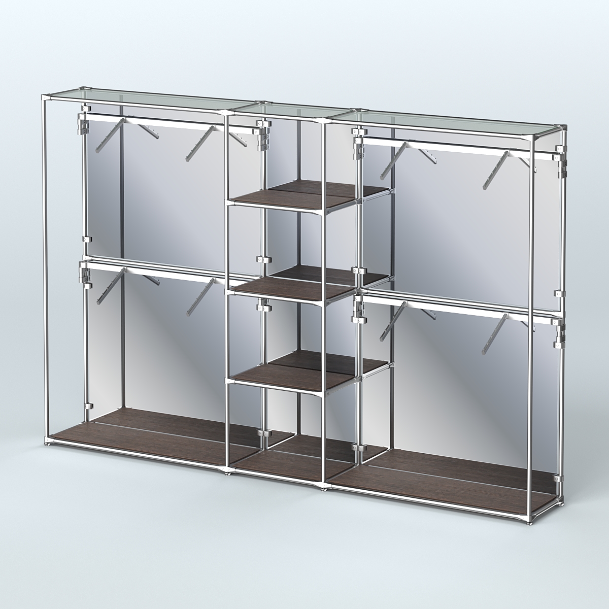 Торговая система ХРОМ (задняя стенка - зеркало) 3030 мм с полками ДСП и поручнями №8 Дуб Венге