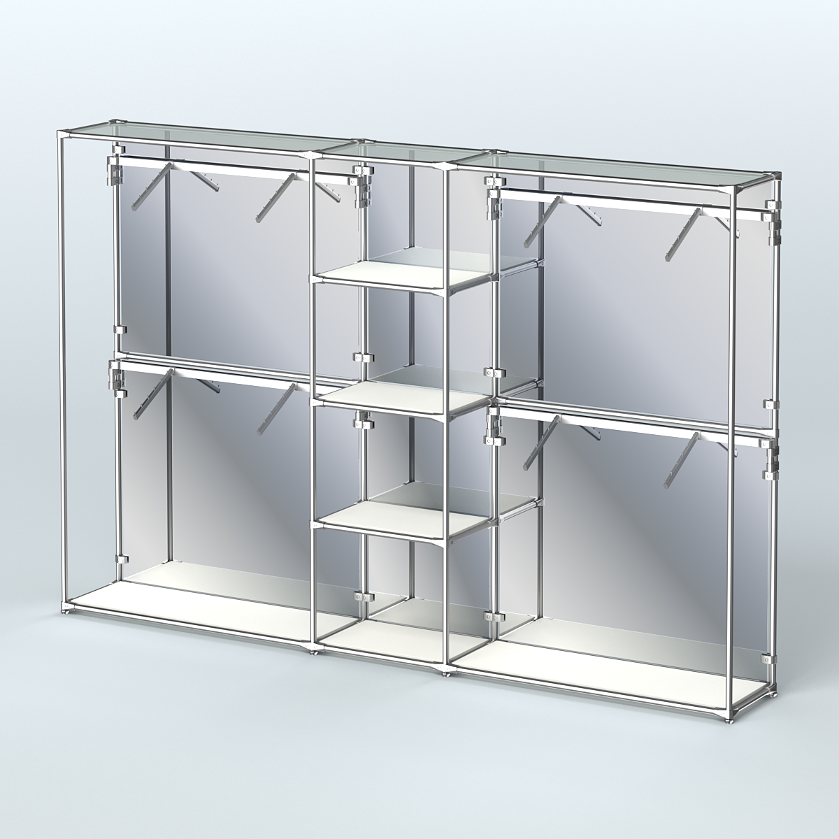 Торговая система ХРОМ (задняя стенка - зеркало) 3030 мм с полками ДСП и поручнями №8 Белый