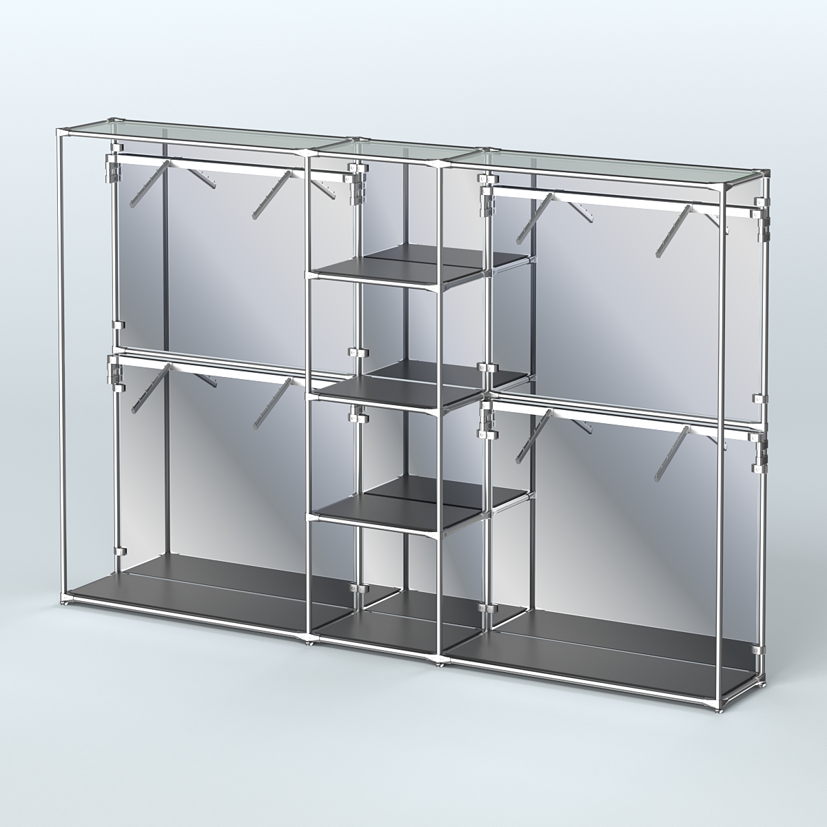 Торговая система ХРОМ (задняя стенка - зеркало) 3030 мм с полками ДСП и поручнями №8 Черный