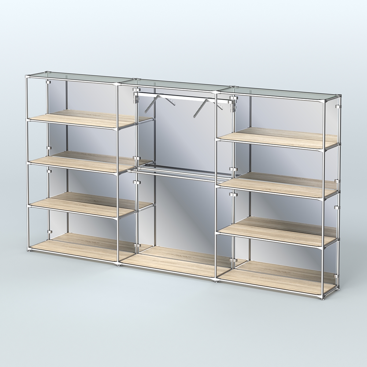 Торговая система ХРОМ (задняя стенка - зеркало) 3600 мм с полками ДСП и поручнями №9 Дуб Сонома