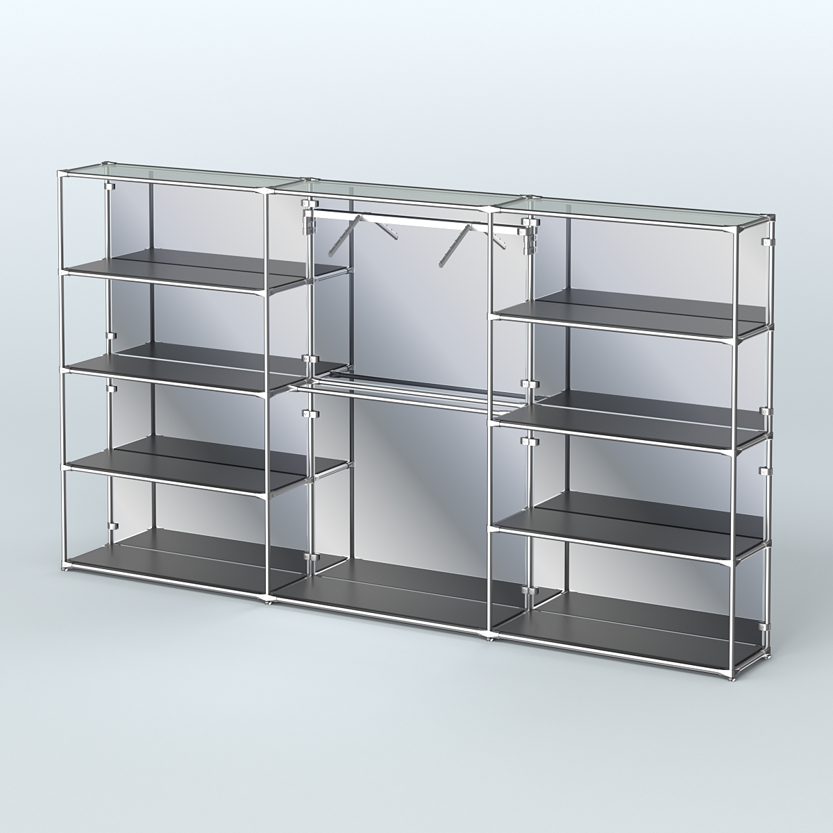 Торговая система ХРОМ (задняя стенка - зеркало) 3600 мм с полками ДСП и поручнями №9 Черный