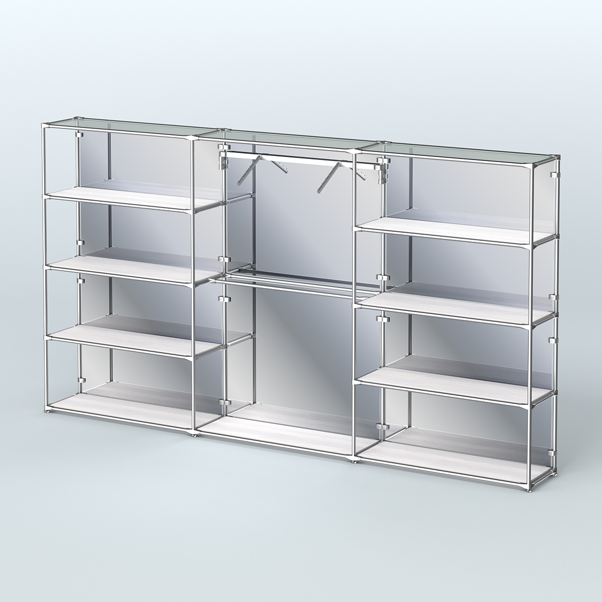 Торговая система ХРОМ (задняя стенка - зеркало) 3600 мм с полками ДСП и поручнями №9 Ясень Анкор светлый