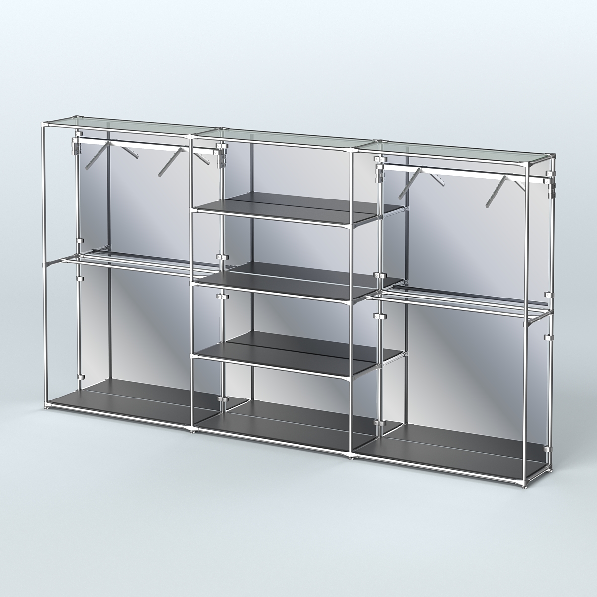 Торговая система ХРОМ (задняя стенка - зеркало) 3600 мм с полками ДСП и поручнями №10 Черный