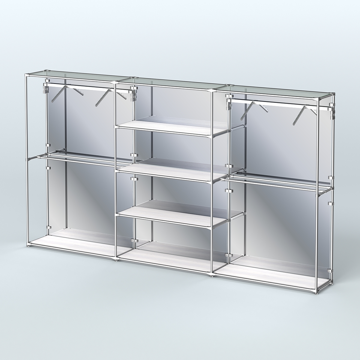 Торговая система ХРОМ (задняя стенка - зеркало) 3600 мм с полками ДСП и поручнями №10 Ясень Анкор светлый