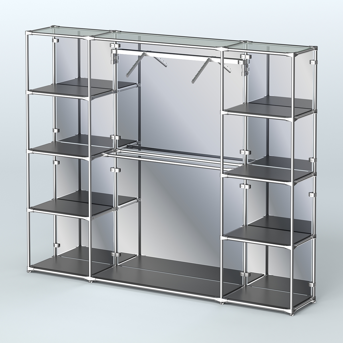 Торговая система ХРОМ (задняя стенка - зеркало) 2430 мм с полками ДСП и поручнями №11 Черный
